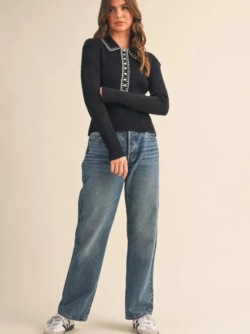 Polished Edge Black Contrast Stitch Collared Ribbed Sweater-Women's Shirts & Tops-Shop Z & Joxa