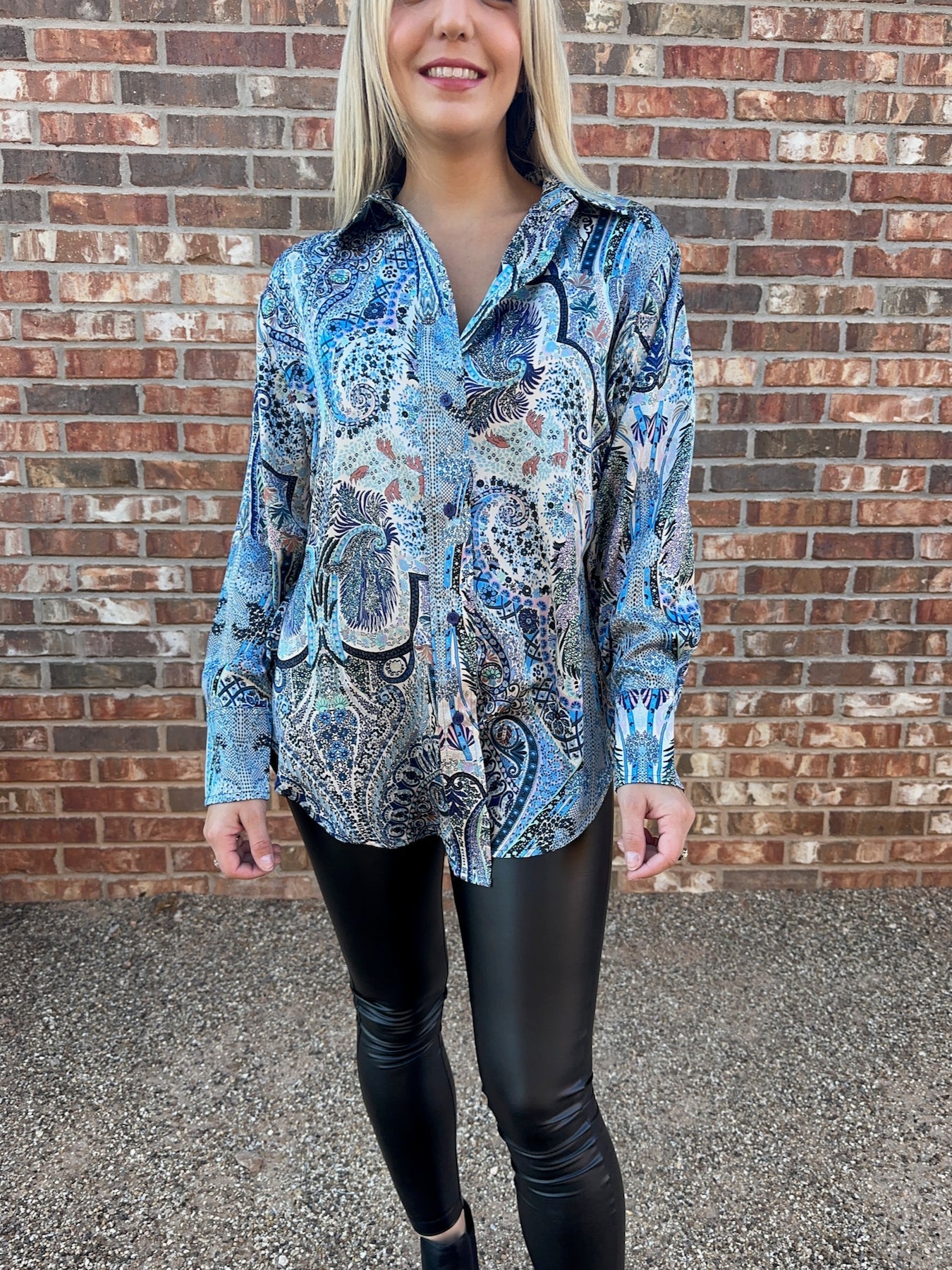 Printed in Paisley Satin Button Blouse-Women's Shirts & Tops-Shop Z & Joxa