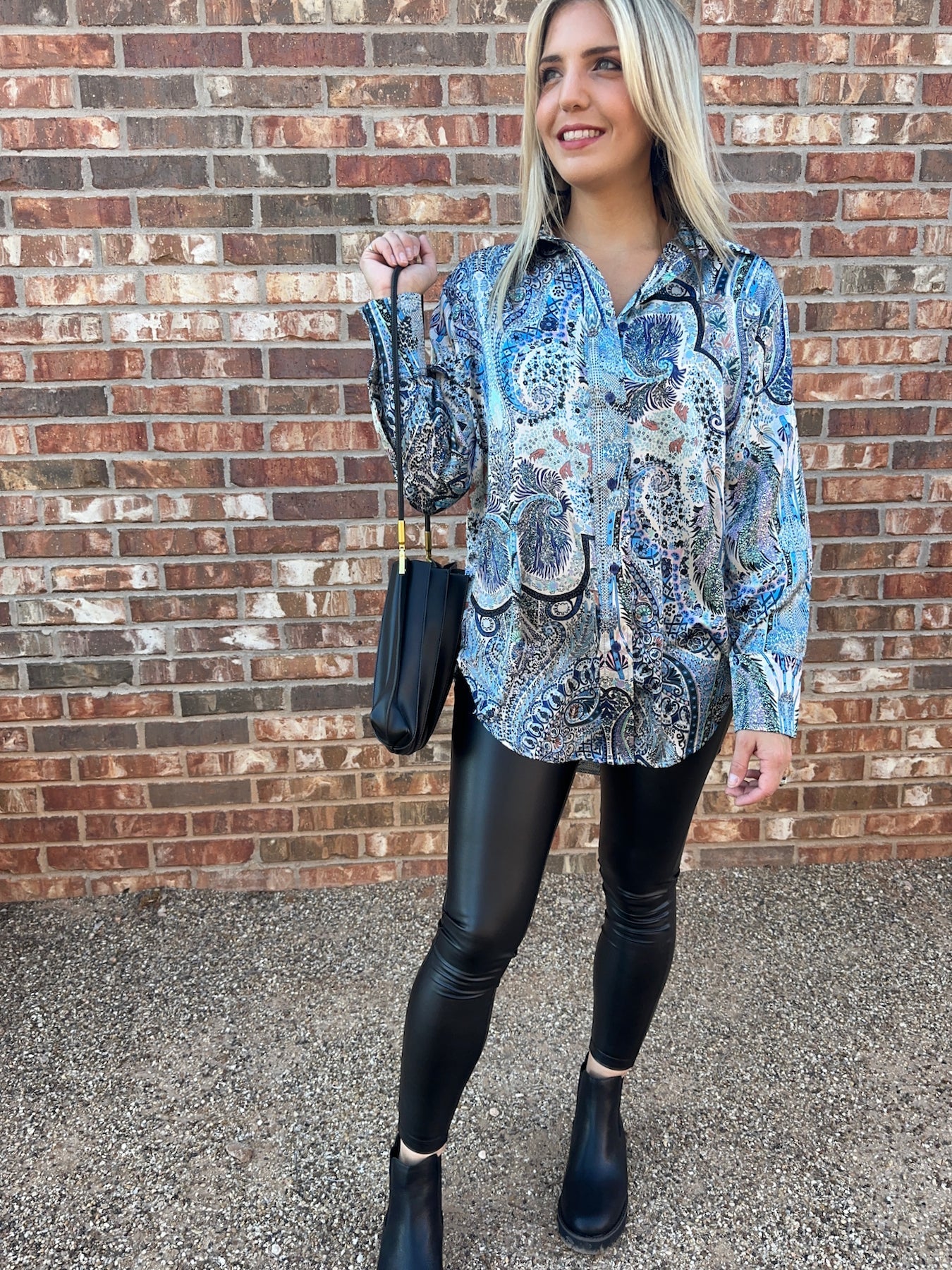 Printed in Paisley Satin Button Blouse-Women's Shirts & Tops-Shop Z & Joxa