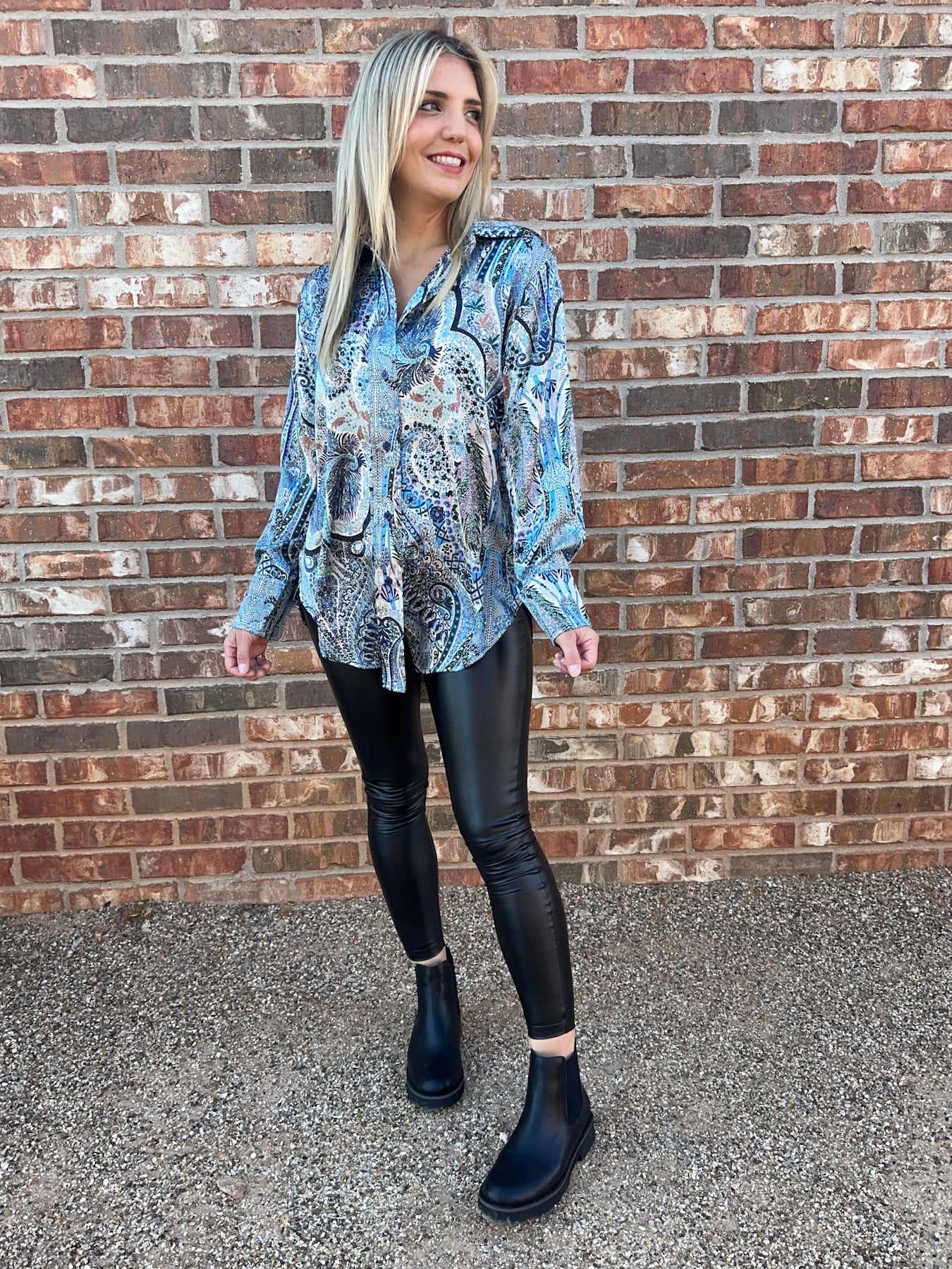 Printed in Paisley Satin Button Blouse-Women's Shirts & Tops-Shop Z & Joxa