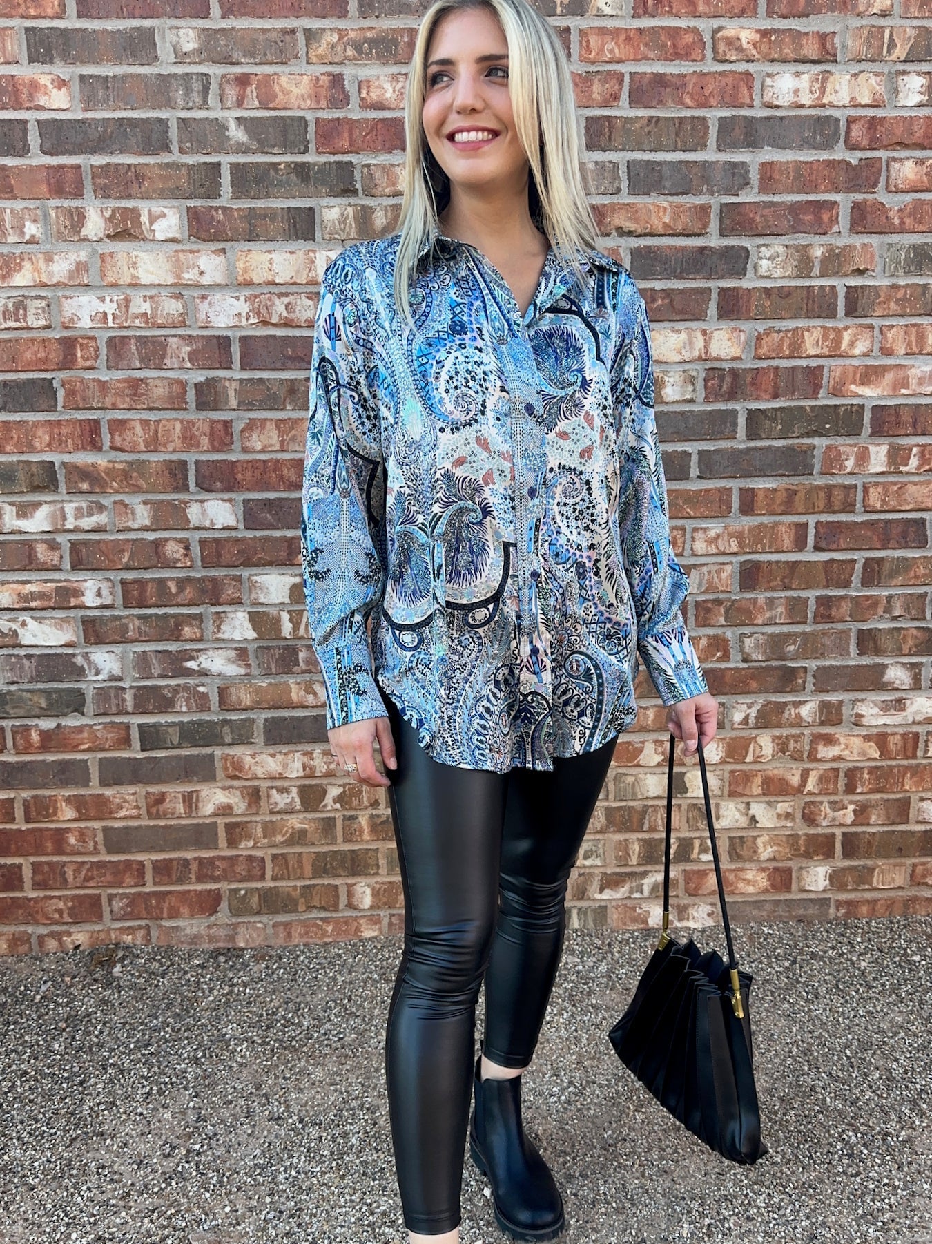 Printed in Paisley Satin Button Blouse-Women's Shirts & Tops-Shop Z & Joxa