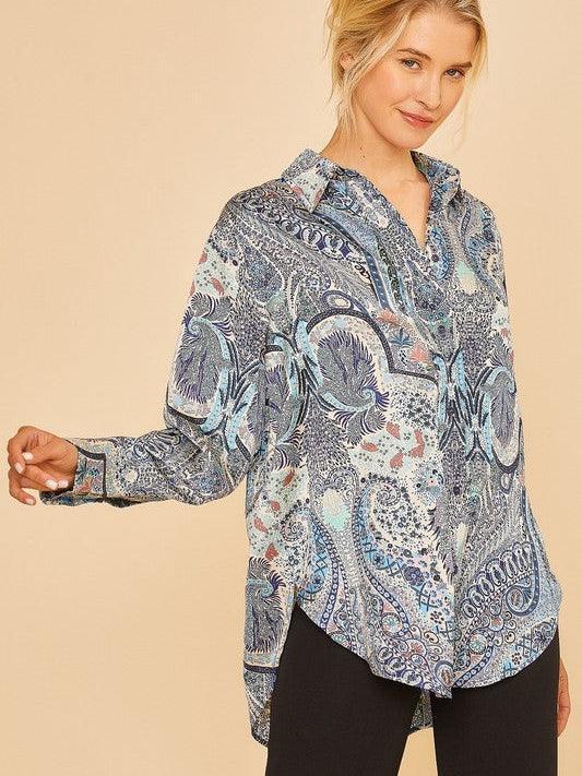 Printed in Paisley Satin Button Blouse-Women's Shirts & Tops-Shop Z & Joxa