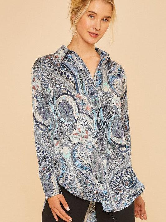Printed in Paisley Satin Button Blouse-Women's Shirts & Tops-Shop Z & Joxa