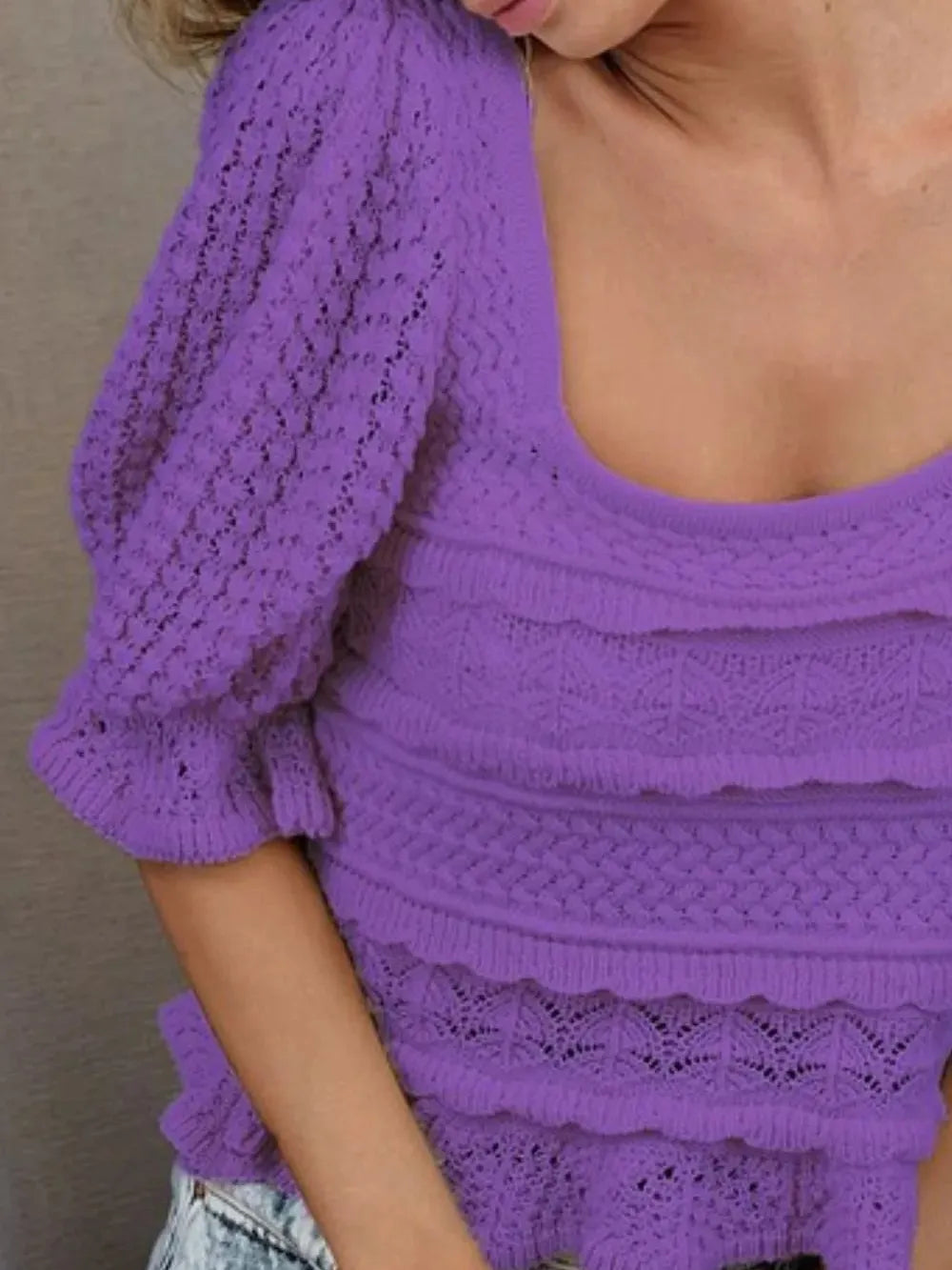 Purple Daydream Square Neck Crochet Top with Puff Sleeves-Women's Shirts & Tops-Shop Z & Joxa