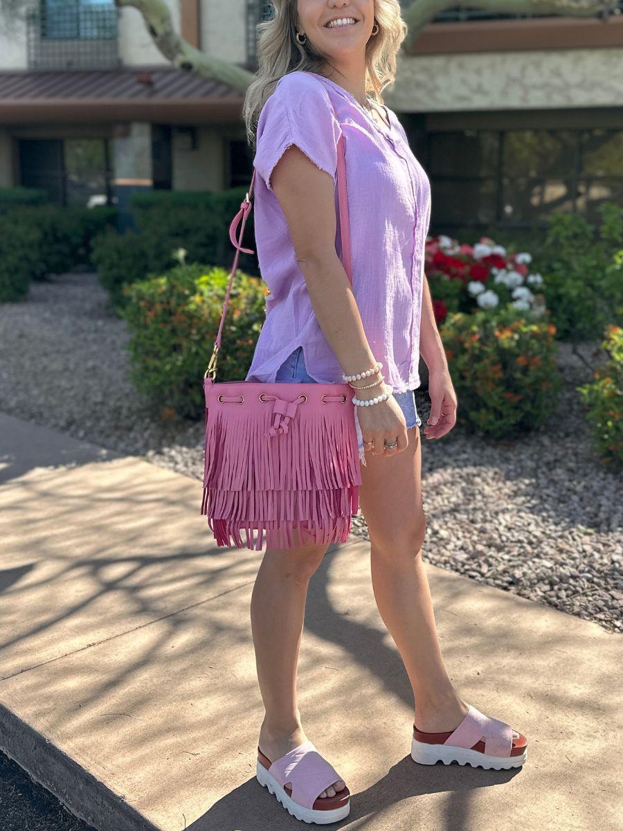 Put a Little Fringe in Your Pink Vegan Leather Fringe Bag-Women's Accessories-Shop Z & Joxa