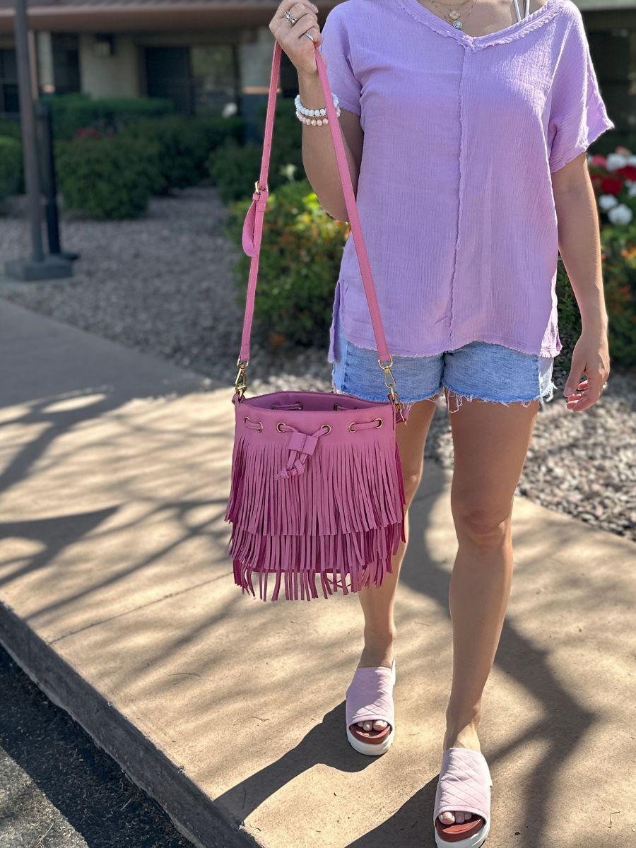 Put a Little Fringe in Your Pink Vegan Leather Fringe Bag-Women's Accessories-Shop Z & Joxa