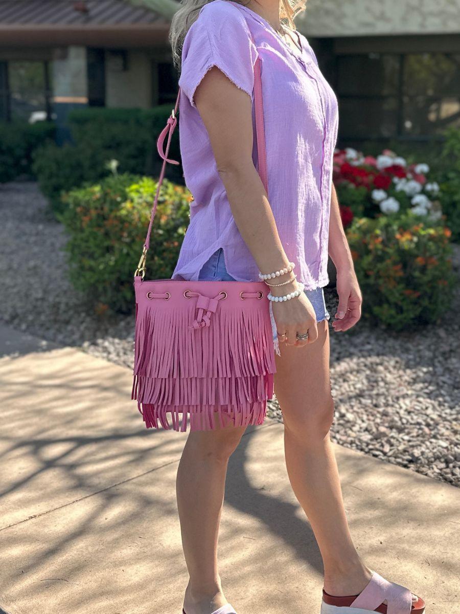 Put a Little Fringe in Your Pink Vegan Leather Fringe Bag-Women's Accessories-Shop Z & Joxa