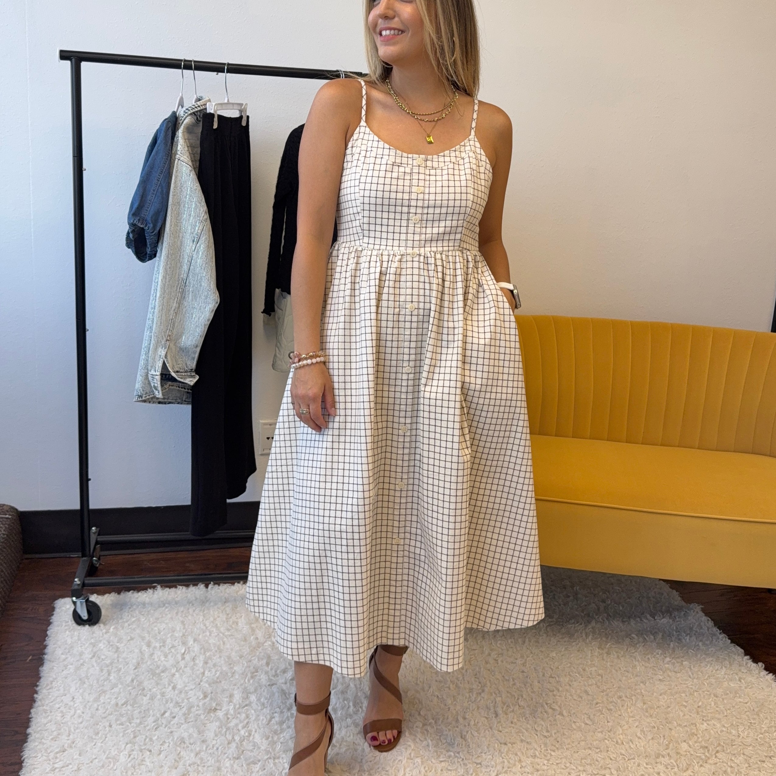 Queens Don't Do Drama Corduroy Gridline Midi Dress-Women's Dresses-Shop Z & Joxa