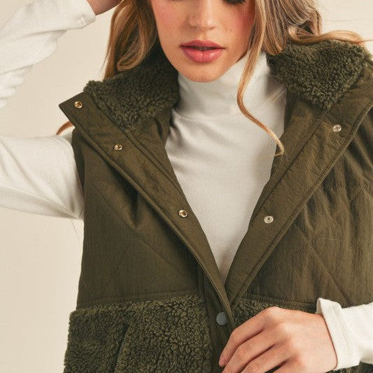 Quilted + Teddy Chilly Szn Vest in Dark Olive-Women's Clothing-Shop Z & Joxa