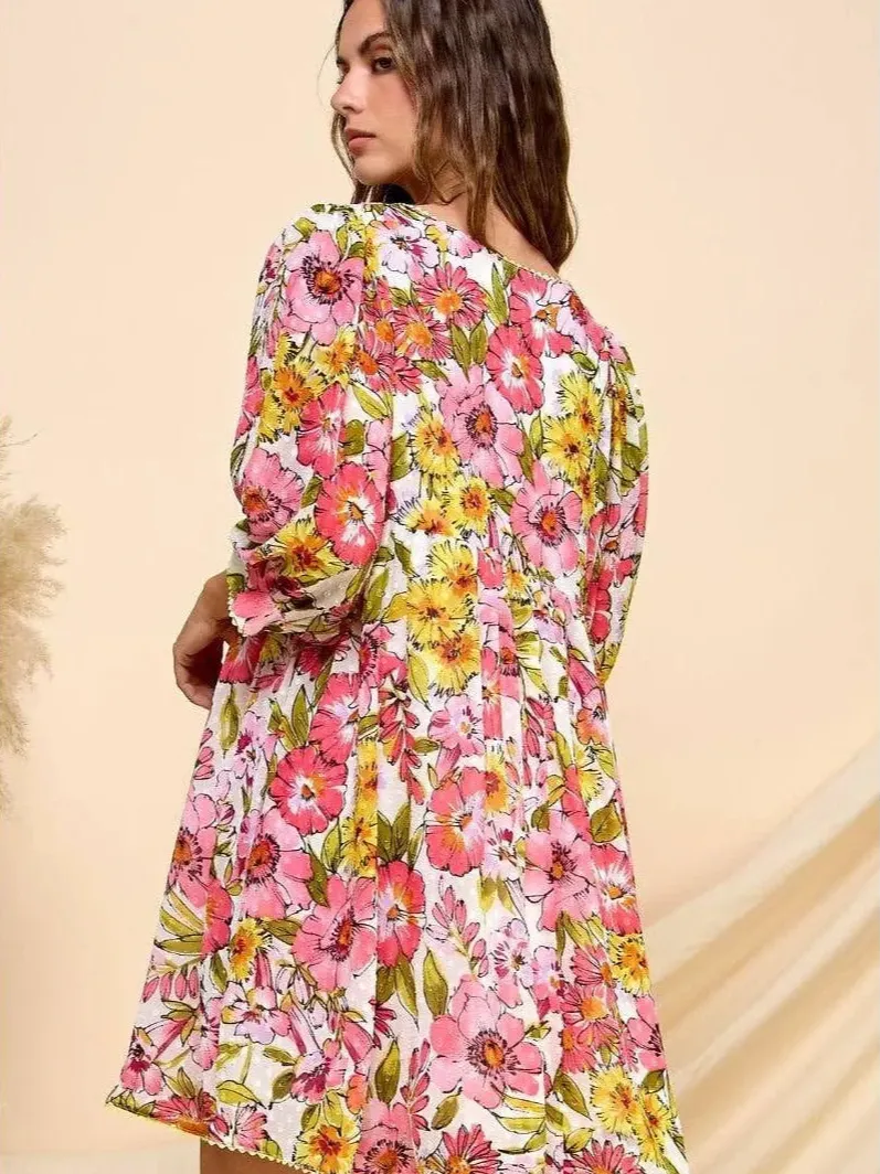 Retro Chic Textured Dot Pink Flower Babydoll Dress-Women's Dresses-Shop Z & Joxa