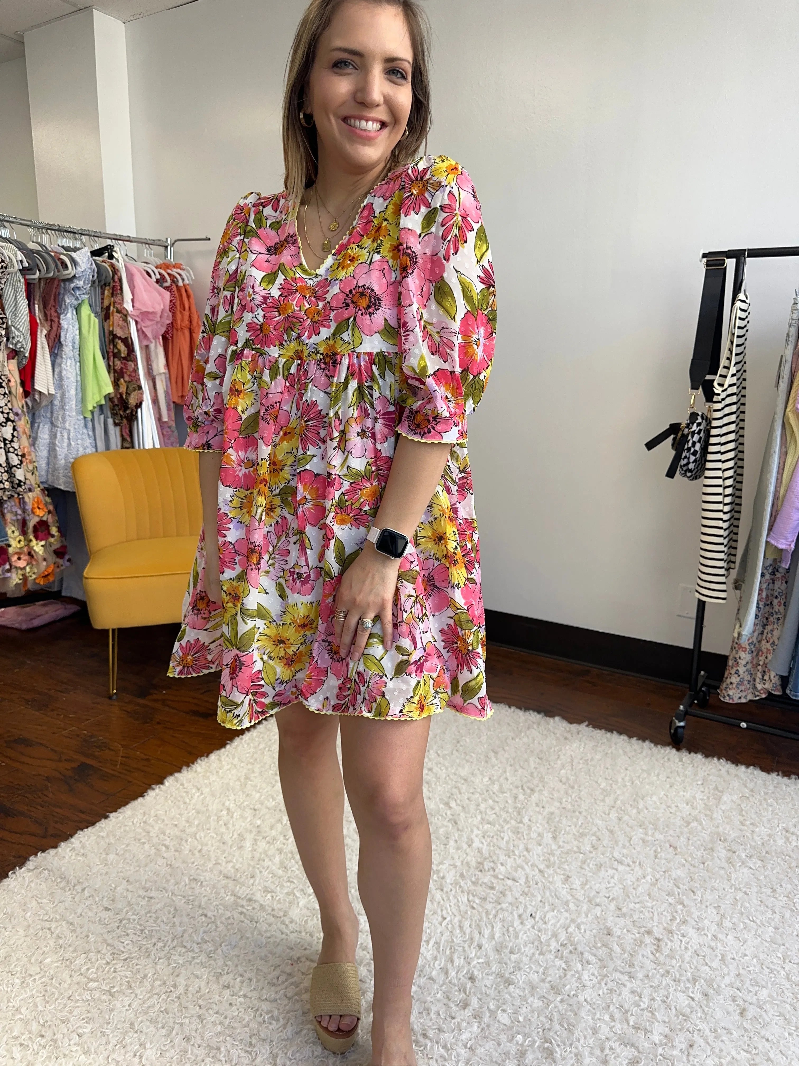 Retro Chic Textured Dot Pink Flower Babydoll Dress-Women's Dresses-Shop Z & Joxa