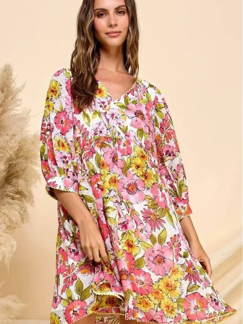 Retro Chic Textured Dot Pink Flower Babydoll Dress-Women's Dresses-Shop Z & Joxa