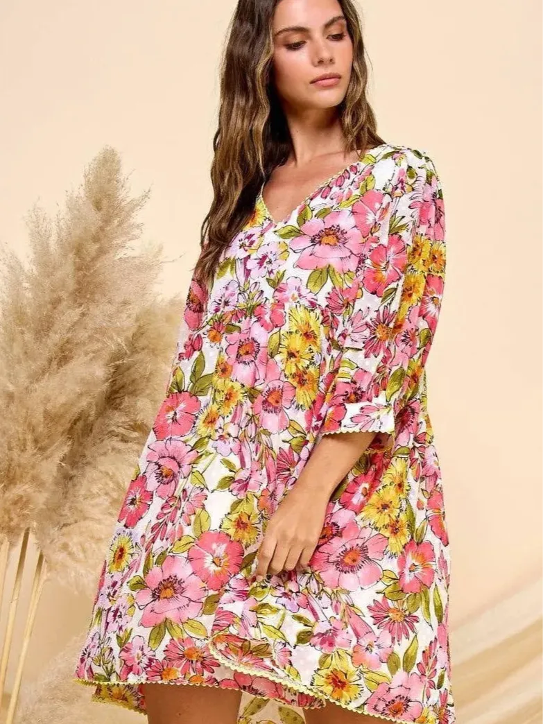 Retro Chic Textured Dot Pink Flower Babydoll Dress-Women's Dresses-Shop Z & Joxa