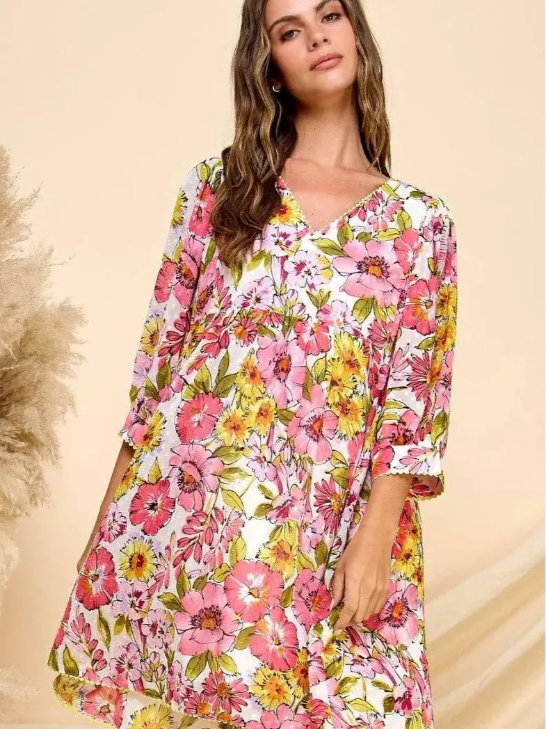 Retro Chic Textured Dot Pink Flower Babydoll Dress-Women's Dresses-Shop Z & Joxa