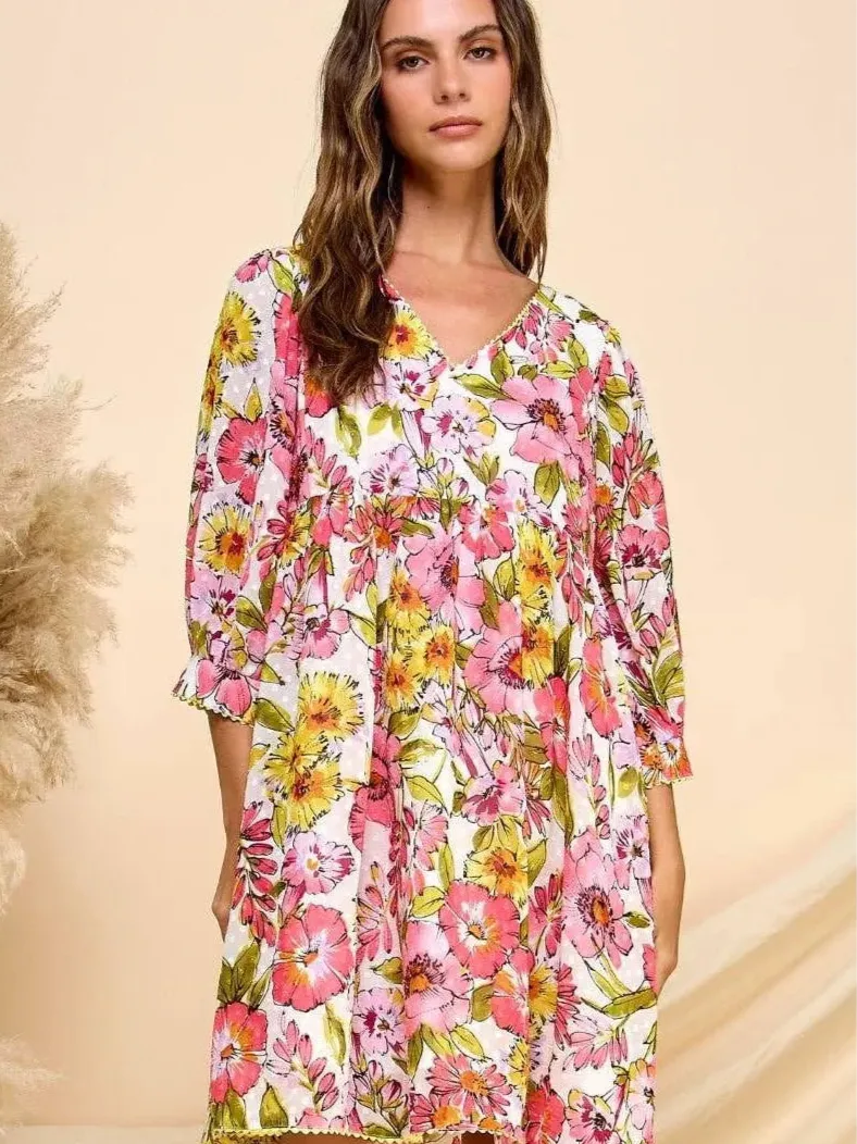 Retro Chic Textured Dot Pink Flower Babydoll Dress-Women's Dresses-Shop Z & Joxa