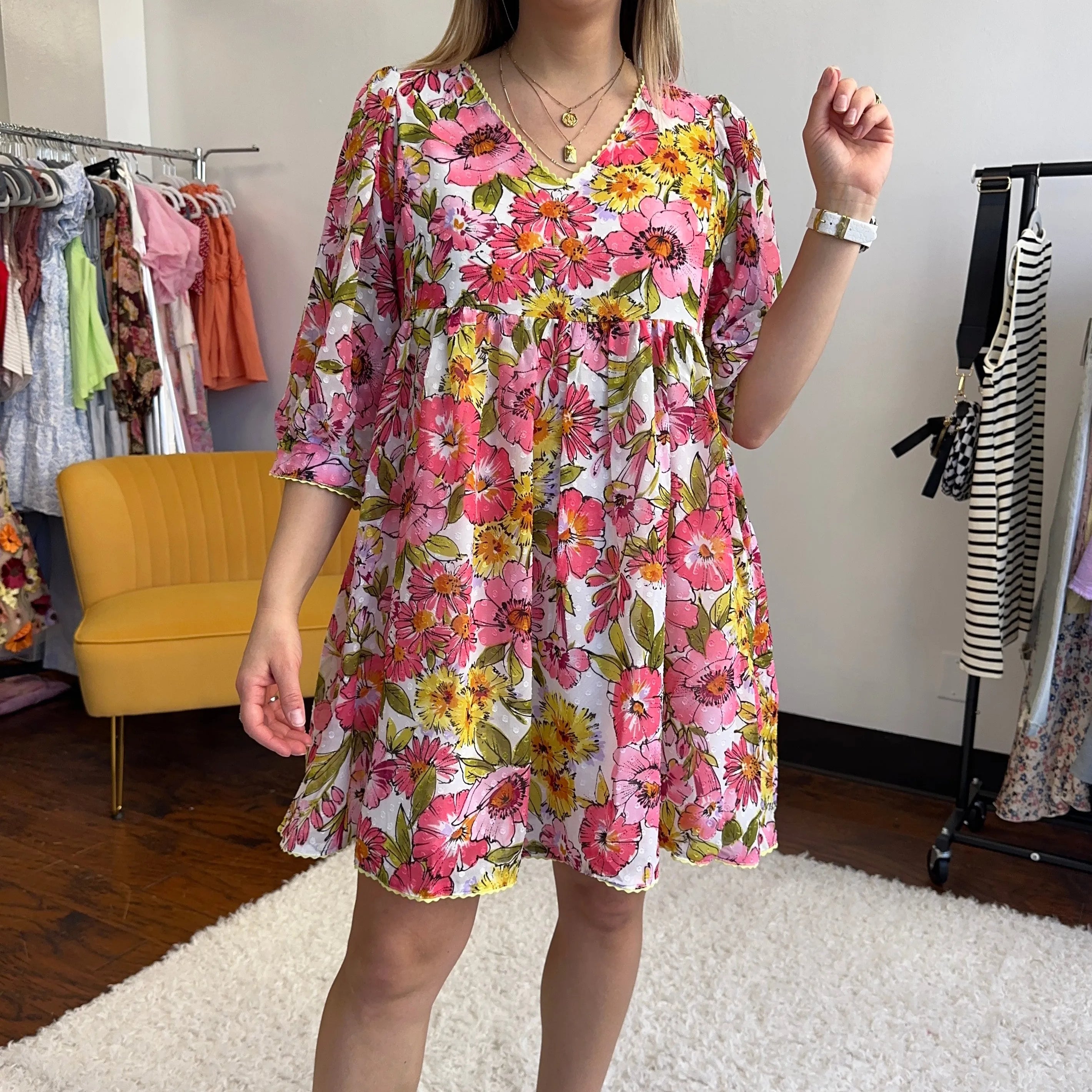 Retro Chic Textured Dot Pink Flower Babydoll Dress-Women's Dresses-Shop Z & Joxa