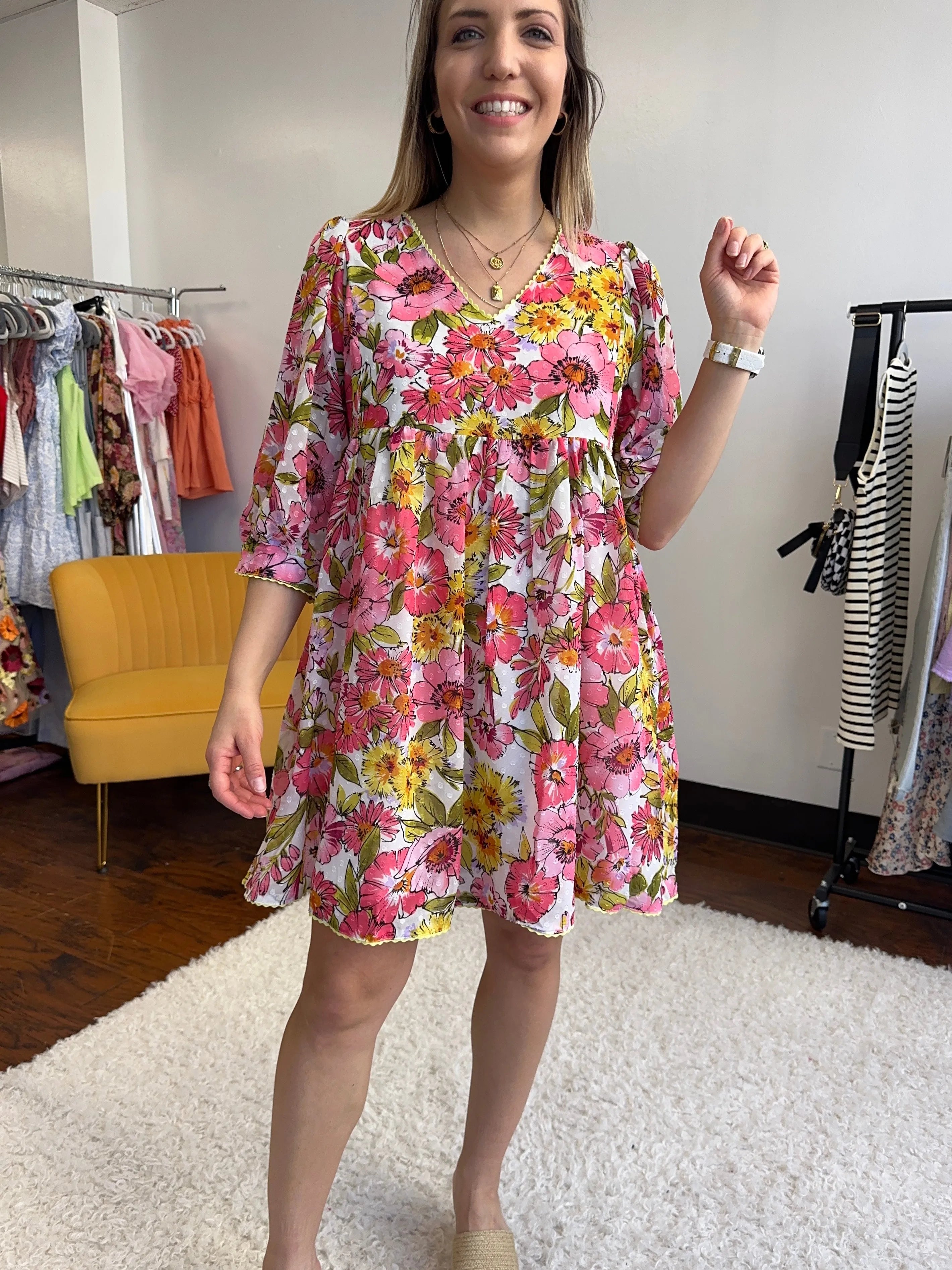 Retro Chic Textured Dot Pink Flower Babydoll Dress-Women's Dresses-Shop Z & Joxa