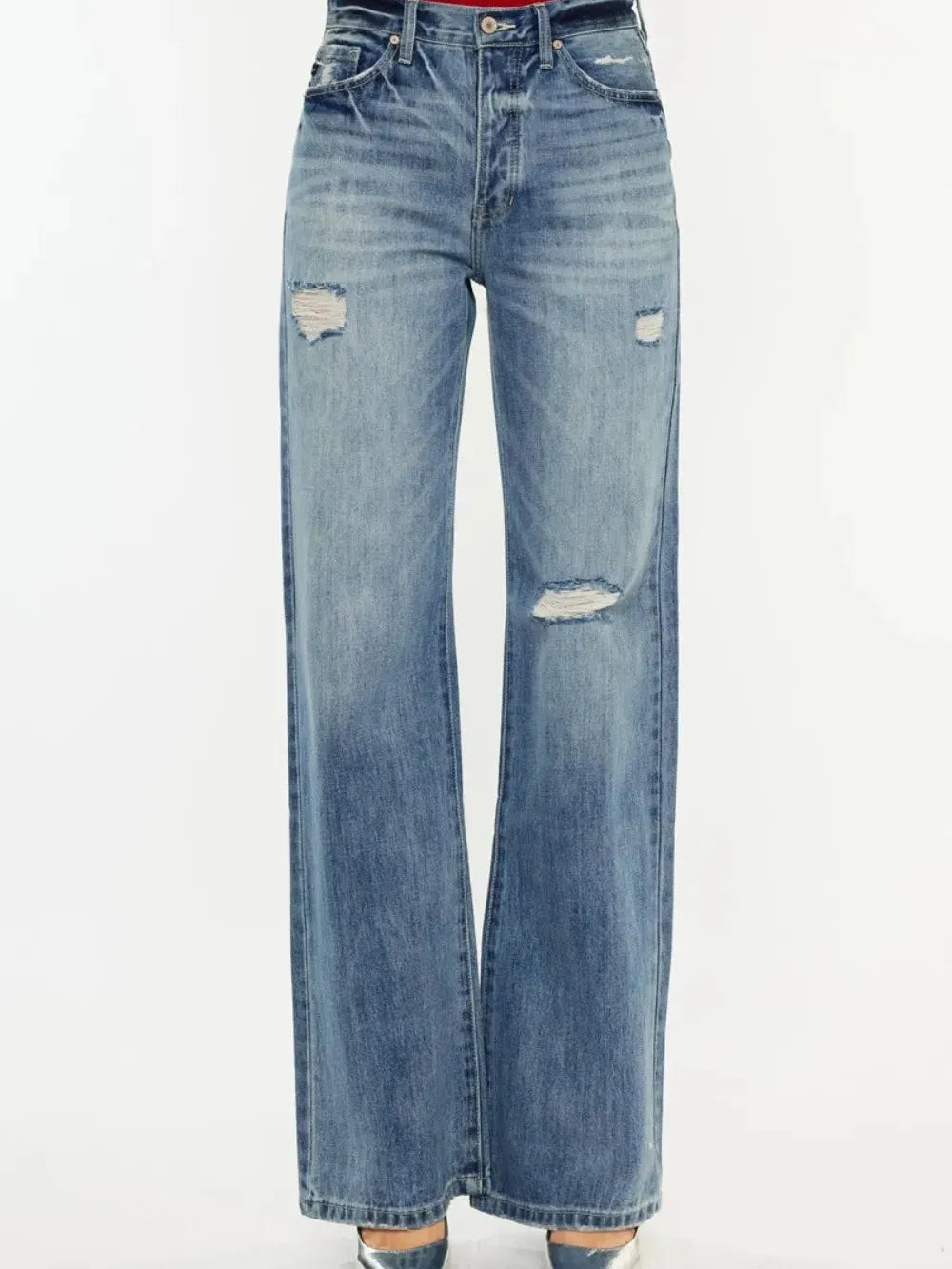 Retro Edge Distressed High-Rise Bootcut Jeans by Kancan-Women's Jeans-Shop Z & Joxa