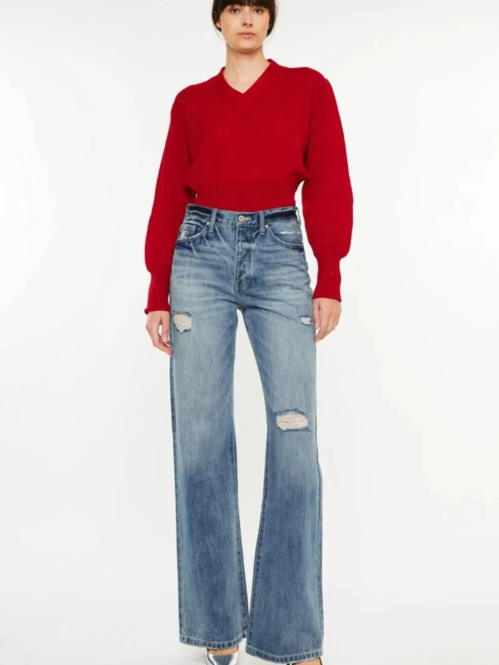 Retro Edge Distressed High-Rise Bootcut Jeans by Kancan-Women's Jeans-Shop Z & Joxa