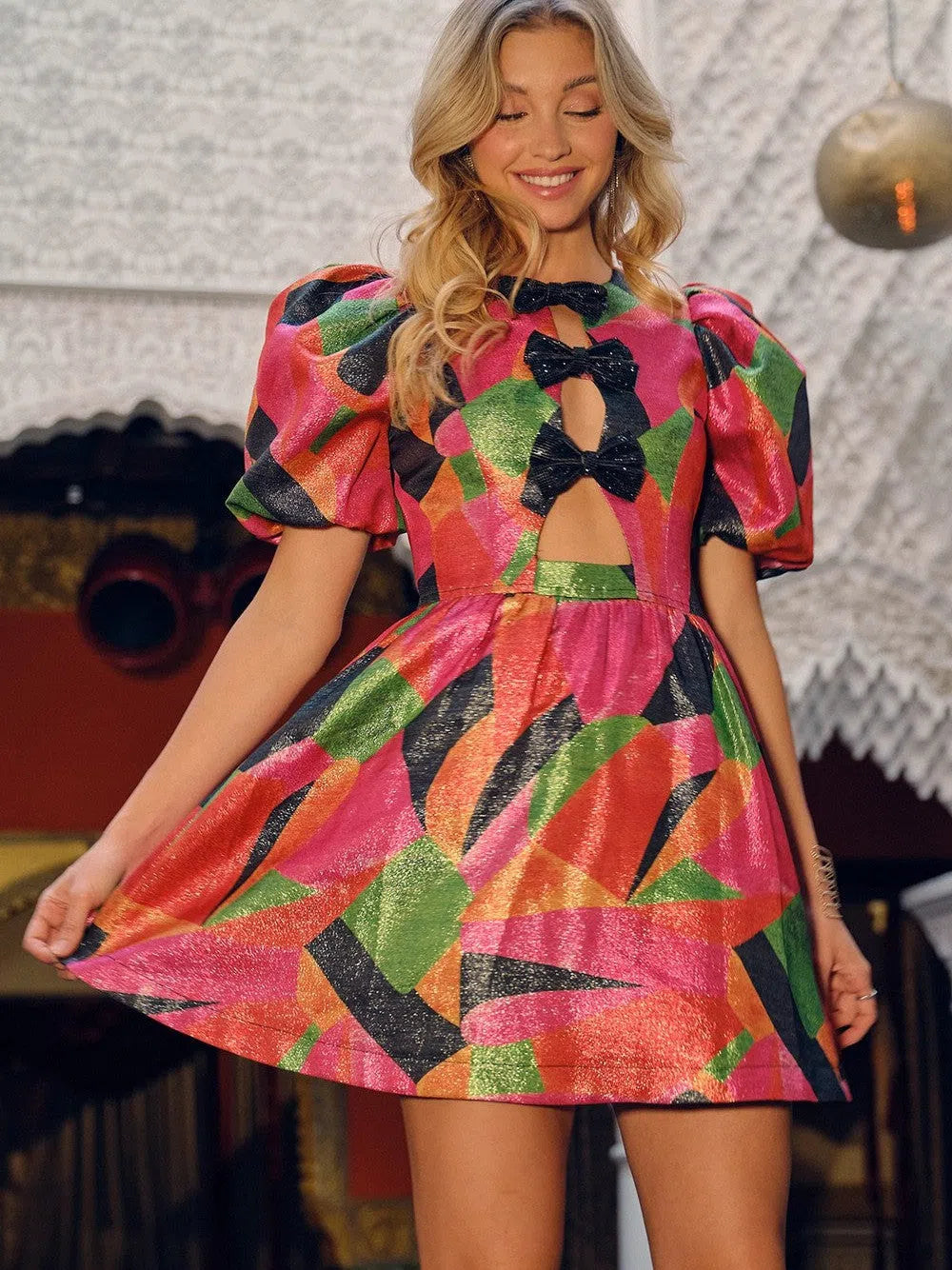 Rich in Color Metallic Cut-out Bow Tie Mini Flare Dress with Puff Sleeves-Women's Dresses-Shop Z & Joxa