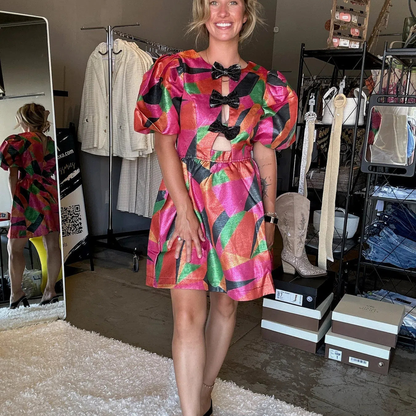 Rich in Color Metallic Cut-out Bow Tie Mini Flare Dress with Puff Sleeves-Women's Dresses-Shop Z & Joxa