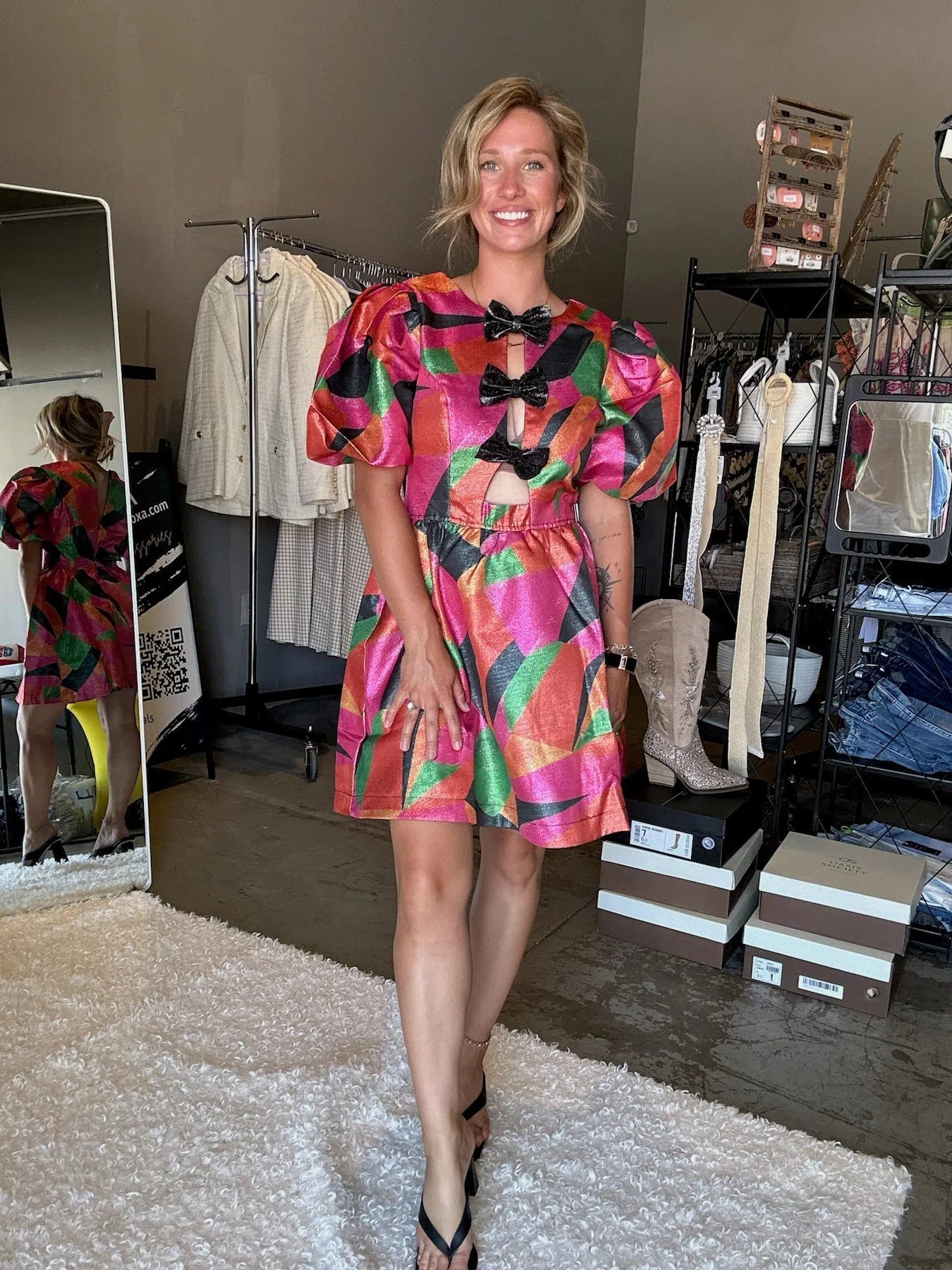 Rich in Color Metallic Cut-out Bow Tie Mini Flare Dress with Puff Sleeves-Women's Dresses-Shop Z & Joxa