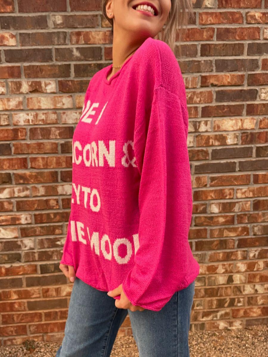 Ride a Unicorn Hot Pink Pullover Sweater-Women's Shirts & Tops-Shop Z & Joxa
