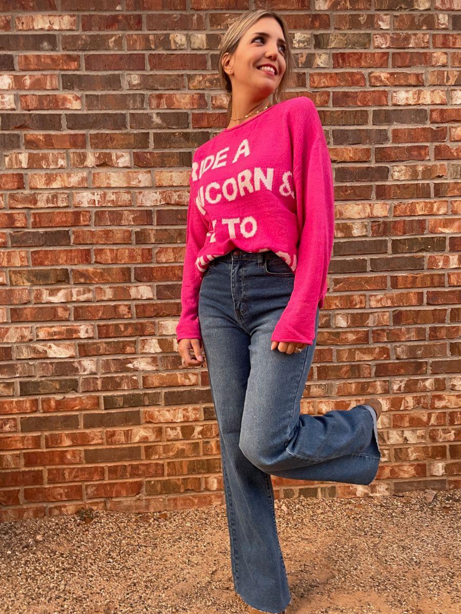 Ride a Unicorn Hot Pink Pullover Sweater-Women's Shirts & Tops-Shop Z & Joxa