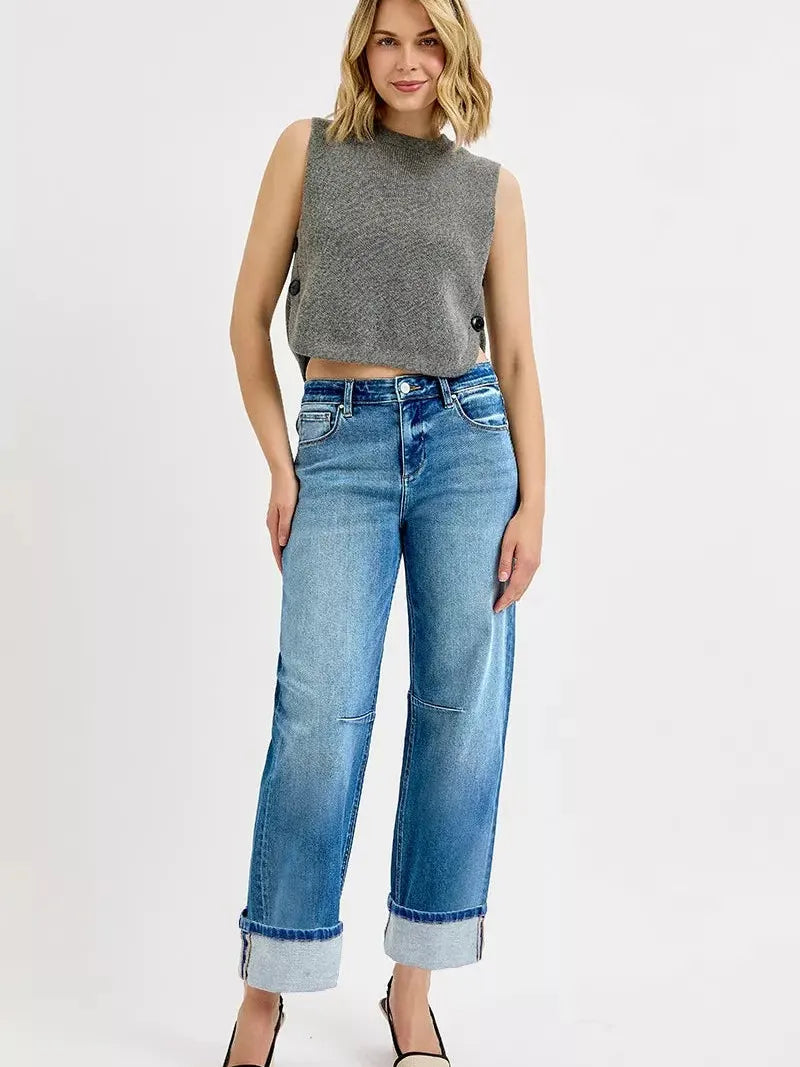Risen Aurora Fold Slouchy Barrel Cuffed Cropped Jeans-Women's Jeans-Shop Z & Joxa