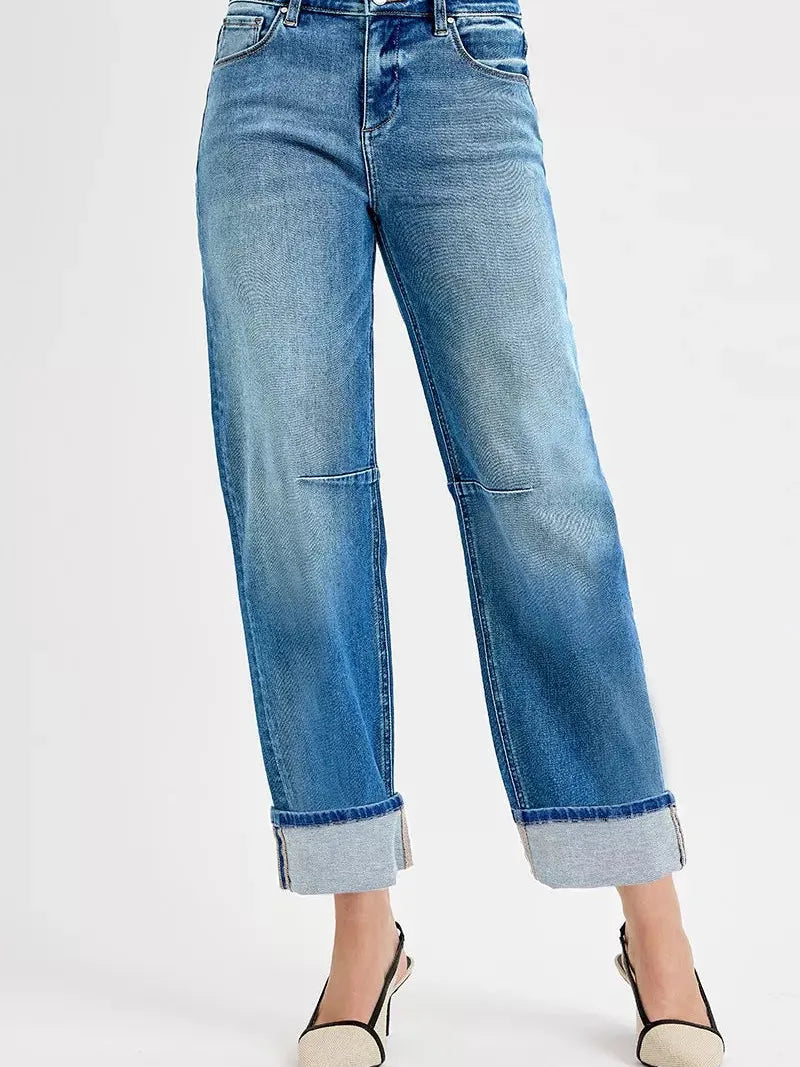 Risen Aurora Fold Slouchy Barrel Cuffed Cropped Jeans-Women's Jeans-Shop Z & Joxa