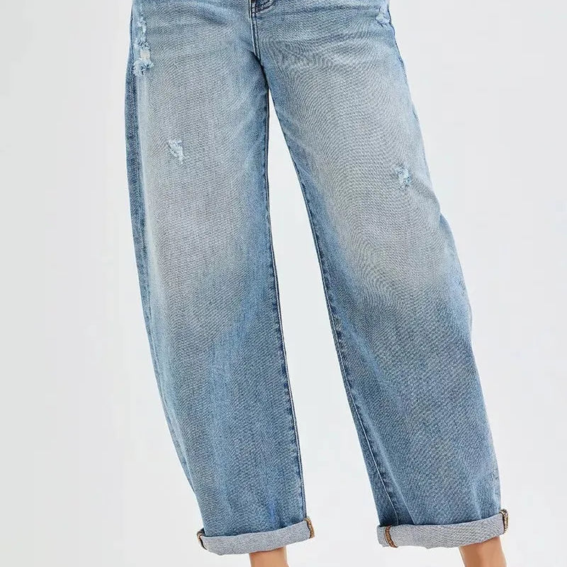 Risen Barrel Beat Mid Rise Ankle Length Barrel Cuffed Jeans-Women's Jeans-Shop Z & Joxa