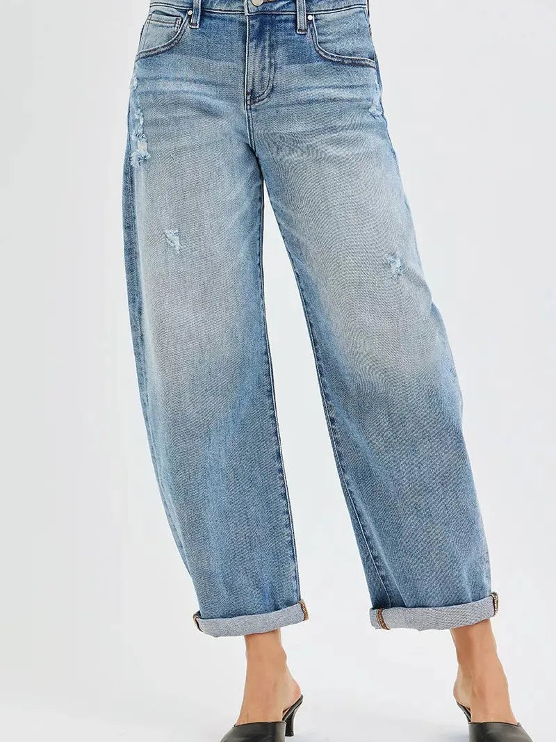 Risen Barrel Beat Mid Rise Ankle Length Barrel Cuffed Jeans-Women's Jeans-Shop Z & Joxa