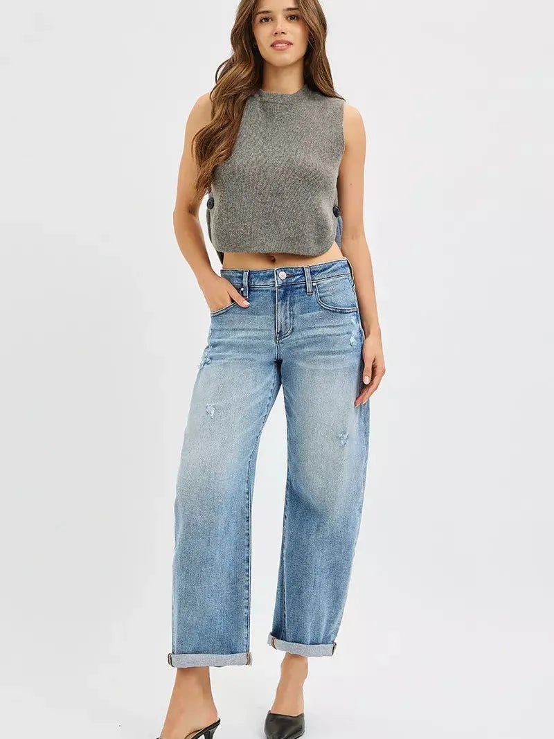 Risen Barrel Beat Mid Rise Ankle Length Barrel Cuffed Jeans-Women's Jeans-Shop Z & Joxa