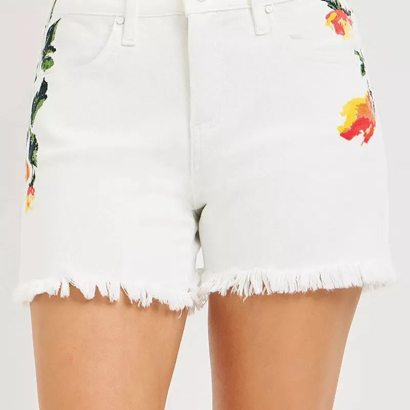 Risen Bloom Breeze Tummy Control High Rise White with Flowers-Women's Shorts-Shop Z & Joxa
