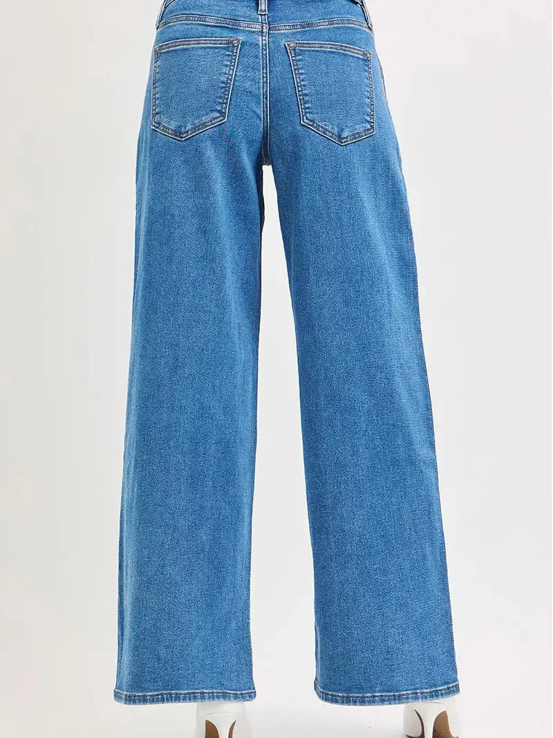 Risen Blue Mirage Mid Rise Wide Leg Jeans with Pleated Detail-Women's Jeans-Shop Z & Joxa