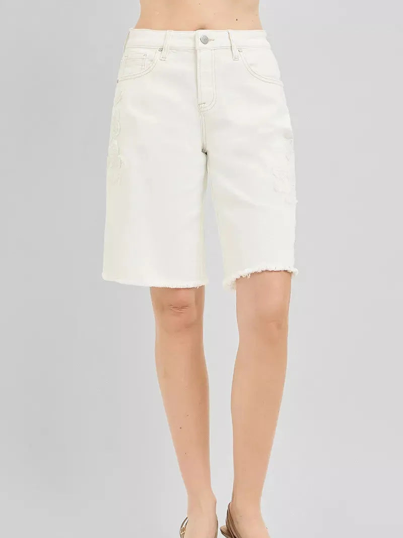 Risen Boho Bloom Slouchy Floral Embroidered Bermuda Jean Shorts-Women's Shorts-Shop Z & Joxa