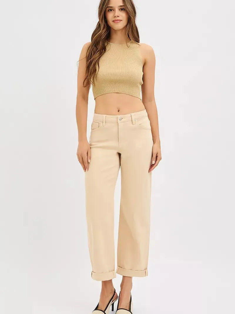 Risen Buttercream Edit Tummy Control Mid Rise Ankle Barrel Relaxed Baggy-Women's Jeans-Shop Z & Joxa