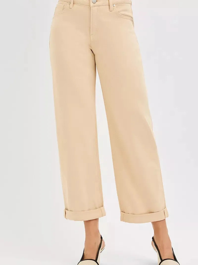 Risen Buttercream Edit Tummy Control Mid Rise Ankle Barrel Relaxed Baggy-Women's Jeans-Shop Z & Joxa