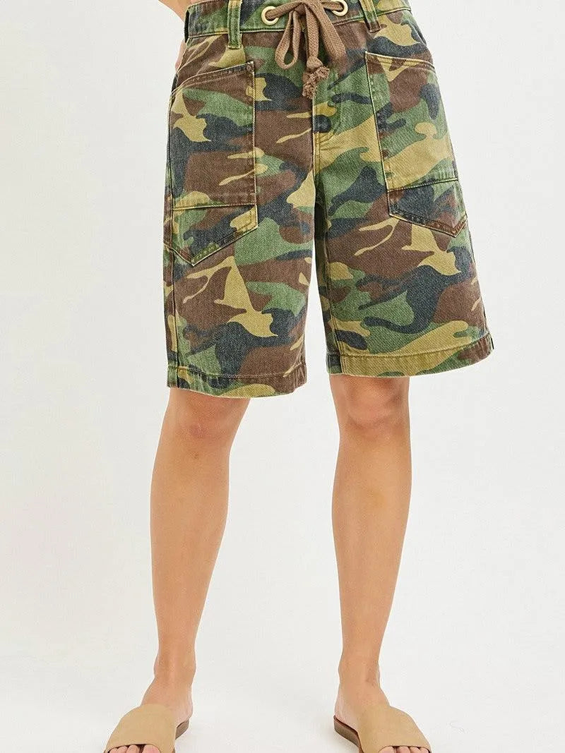 Risen Camo Drift Slouchy Camo Jorts with Eyelet Drawstring-Women's Shorts-Shop Z & Joxa