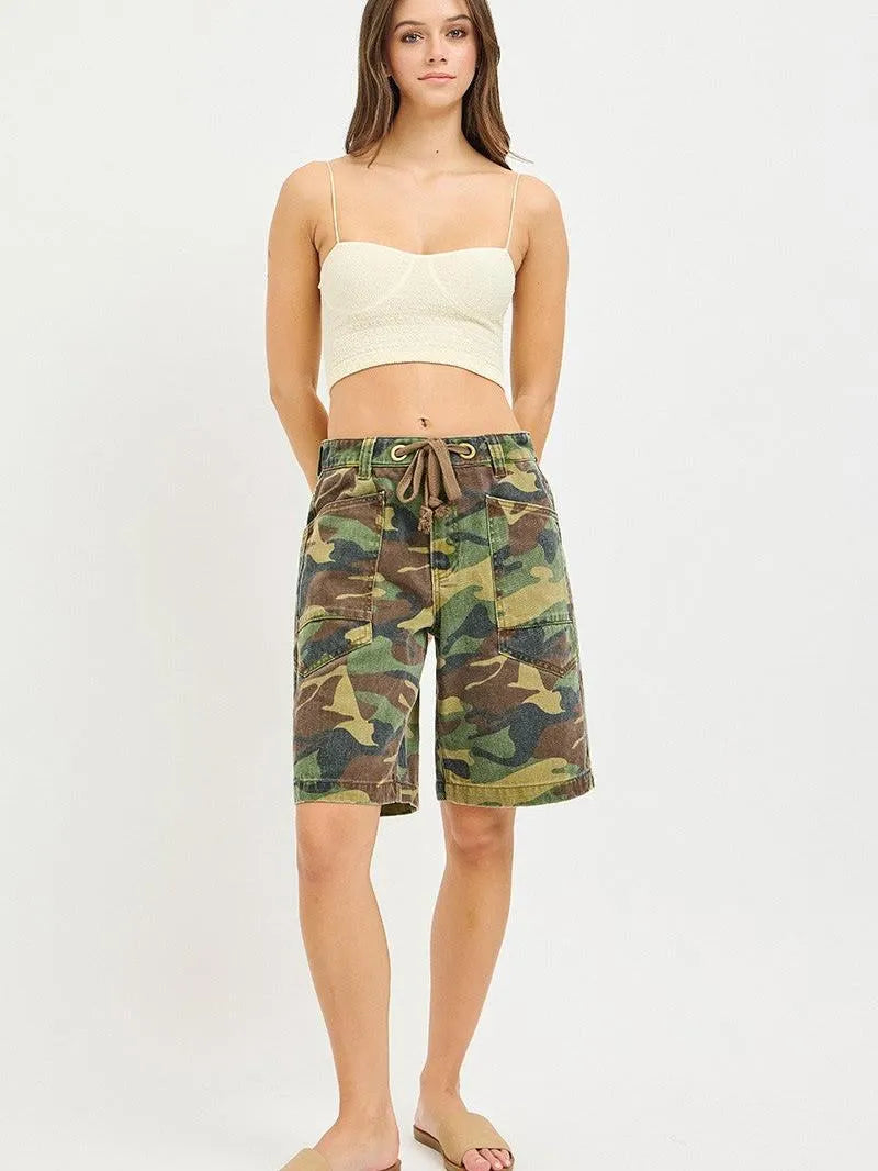 Risen Camo Drift Slouchy Camo Jorts with Eyelet Drawstring-Women's Shorts-Shop Z & Joxa
