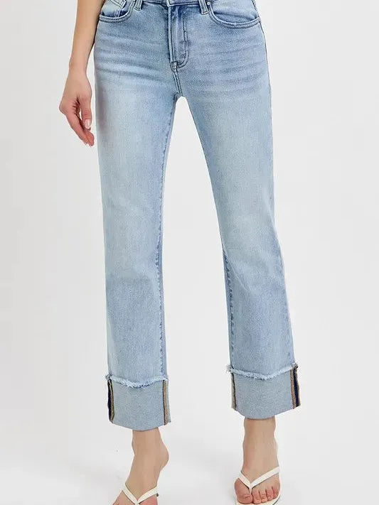 Risen Chill Cuff High Rise Straight Cuffed Jeans-Women's Jeans-Shop Z & Joxa