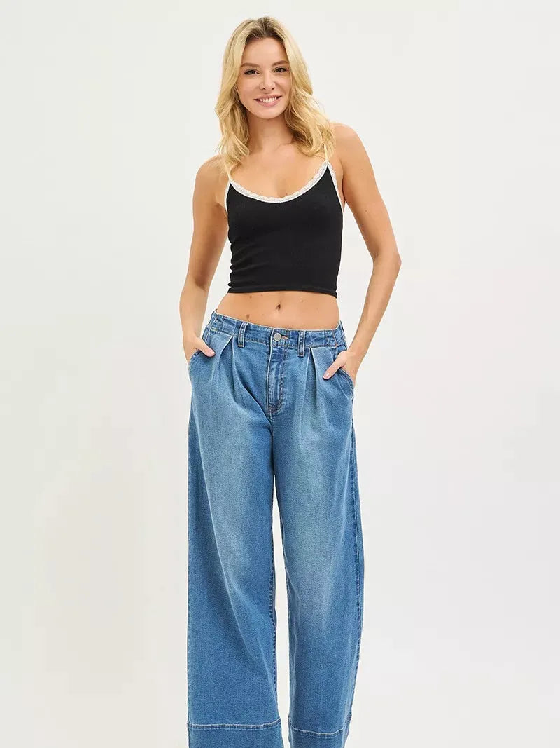 Risen City Stroll Slouchy Wide Leg Jeans With Pleats-Women's Jeans-Shop Z & Joxa