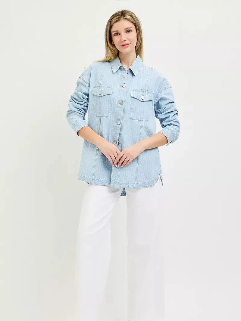 Risen Coastal Stripe Oversized Stripe Denim Shacket-Women's Shirts & Tops-Shop Z & Joxa