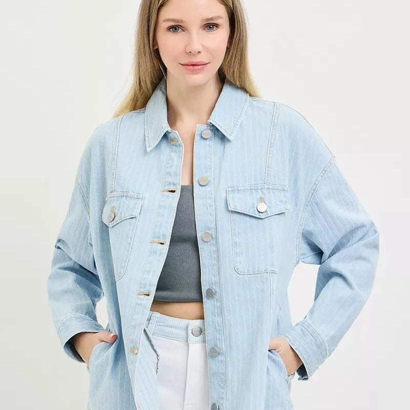 Risen Coastal Stripe Oversized Stripe Denim Shacket-Women's Shirts & Tops-Shop Z & Joxa