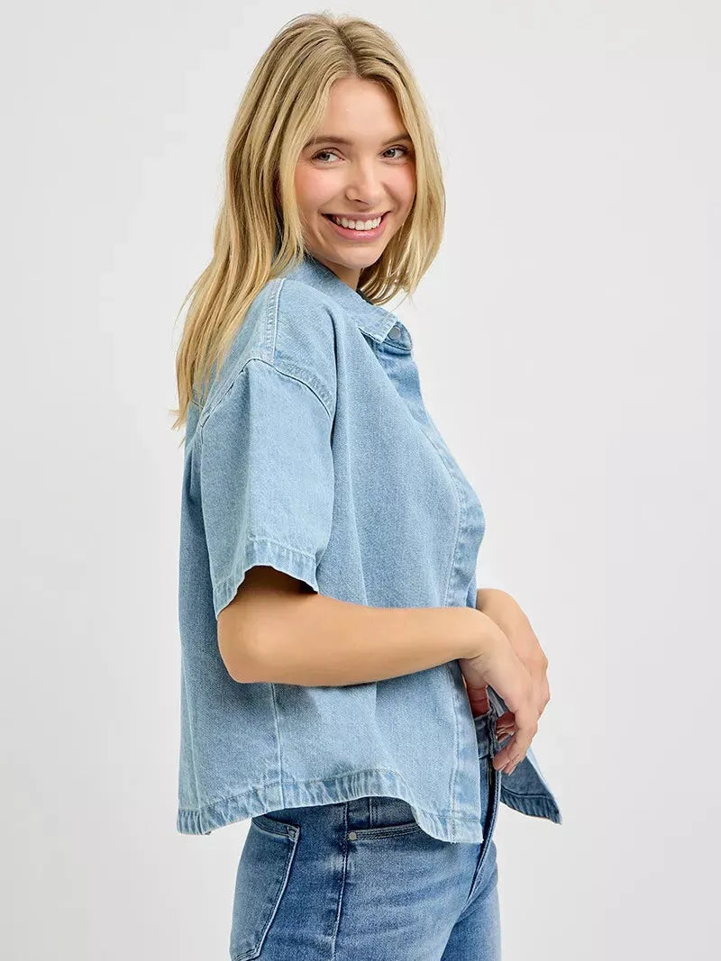 Risen Cool Breeze Oversized Half Sleeve Cropped Denim Shirt-Women's Shirts & Tops-Shop Z & Joxa