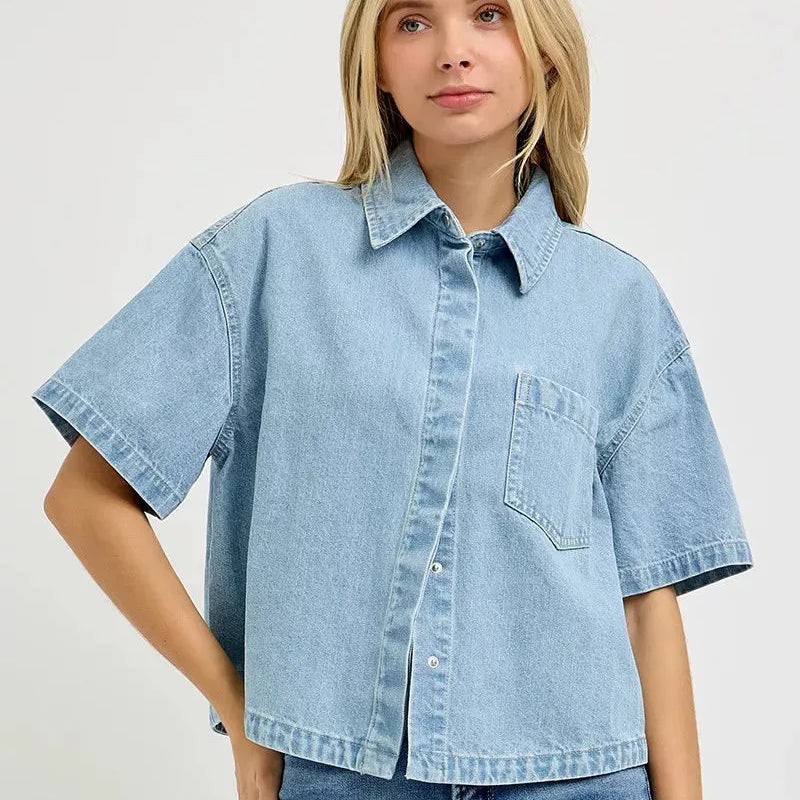 Risen Cool Breeze Oversized Half Sleeve Cropped Denim Shirt-Women's Shirts & Tops-Shop Z & Joxa