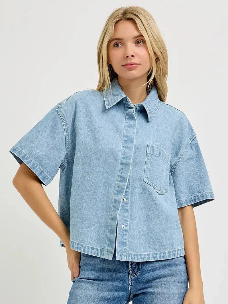 Risen Cool Breeze Oversized Half Sleeve Cropped Denim Shirt-Women's Shirts & Tops-Shop Z & Joxa