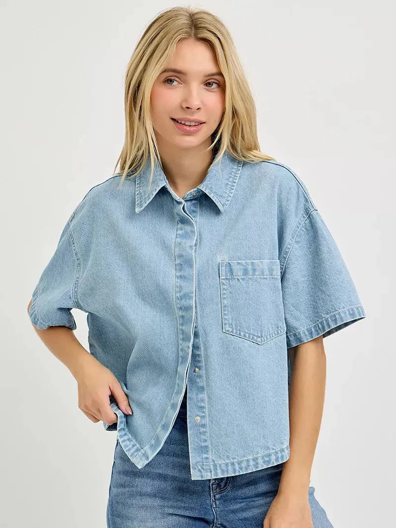 Risen Cool Breeze Oversized Half Sleeve Cropped Denim Shirt-Women's Shirts & Tops-Shop Z & Joxa