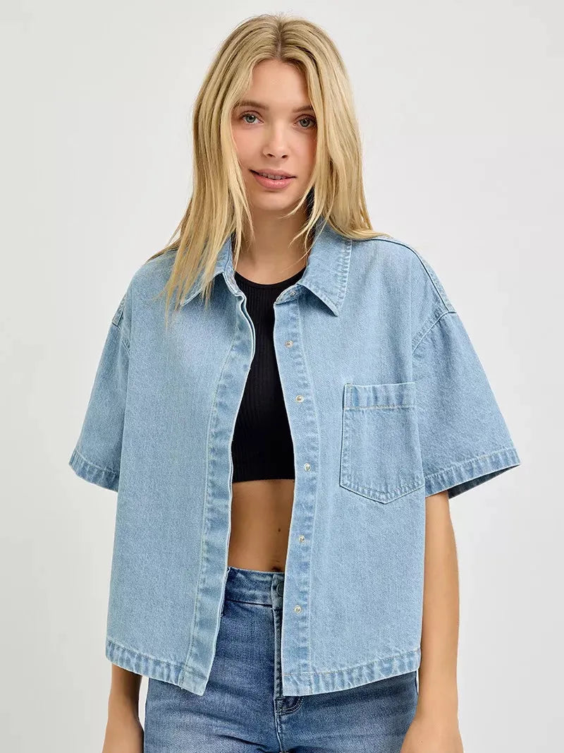 Risen Cool Breeze Oversized Half Sleeve Cropped Denim Shirt-Women's Shirts & Tops-Shop Z & Joxa