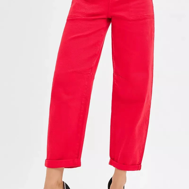 Risen Crimson Crush High Rise Ankle Cuffed Barrel Pants-Women's Jeans-Shop Z & Joxa